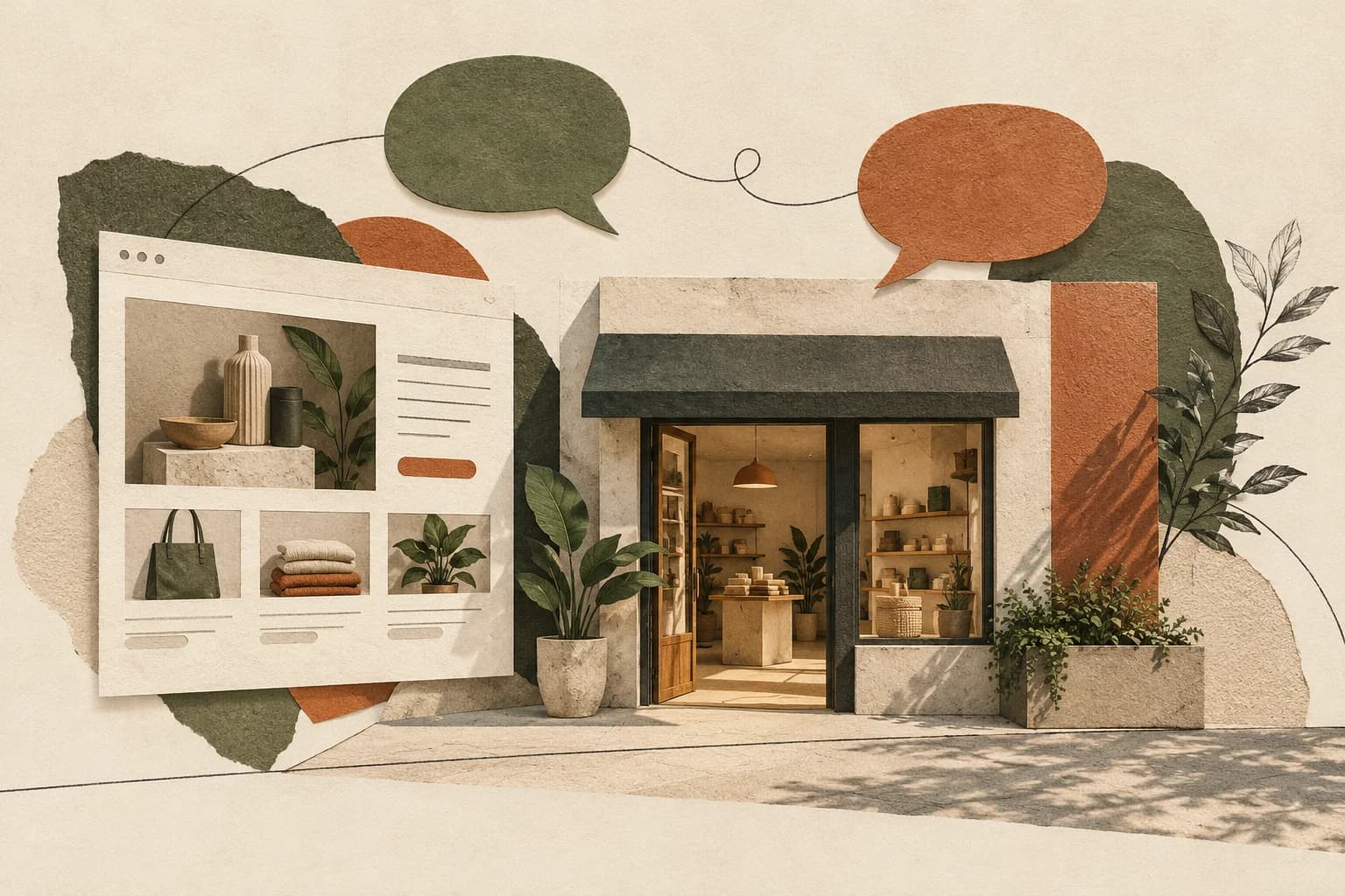 Ilustración conceptual de un comercio, una página web y dos formas de conversación en papel.