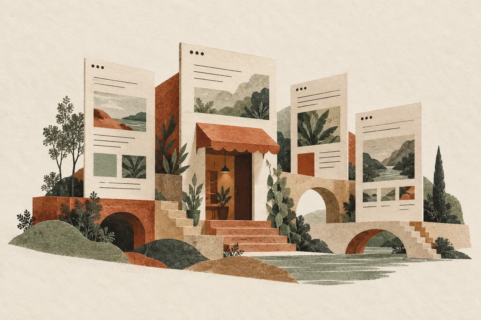 Ilustração editorial de páginas de um site construídas em papel ao redor de uma pequena loja.