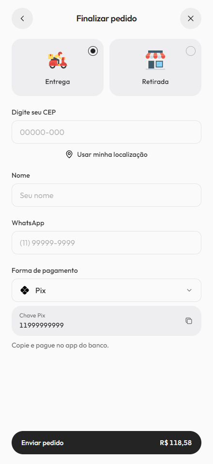 Finalizar pedido com entrega ou retirada