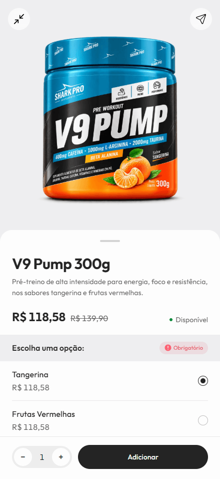 Ficha do V9 Pump com opções de sabor
