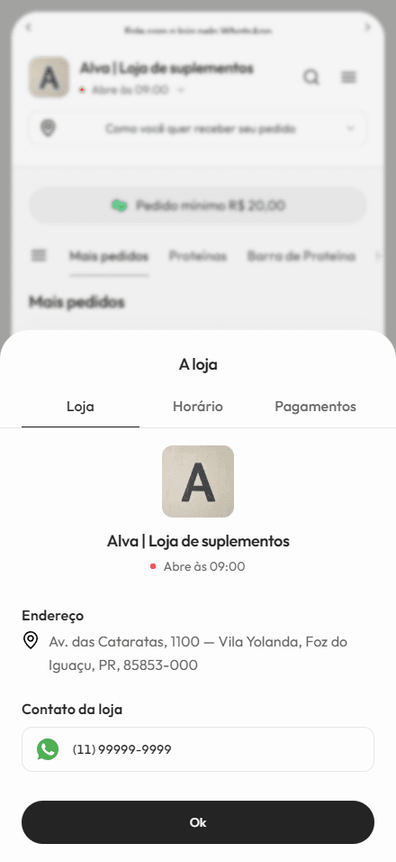 Ficha da loja Alva com endereço e WhatsApp