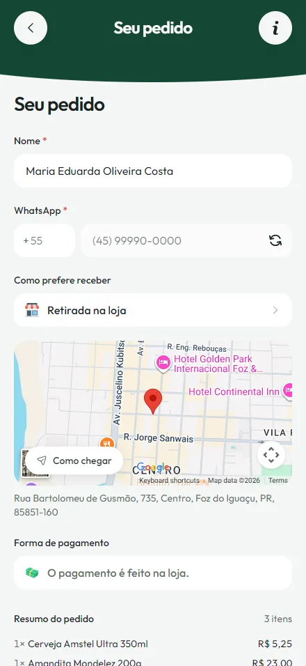 Tela de pedido com retirada na loja no Conveniência Popular